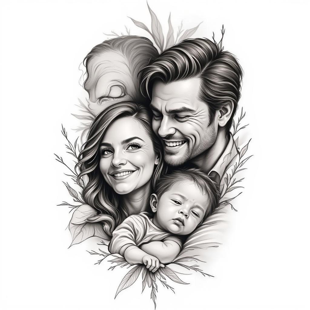 Emotional Family Portrait Tattoo in Black and Grey Style