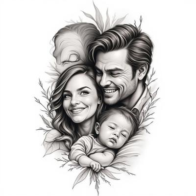 Emotional Family Portrait Tattoo in Black and Grey Style