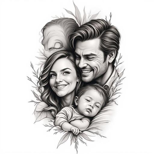 Emotional Family Portrait Tattoo in Black and Grey Style