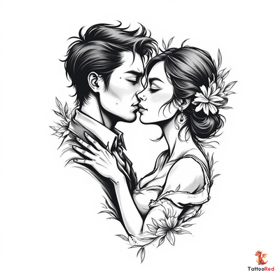 Romantic Couple Kissing Tattoo: A Black-and-Grey Love Story