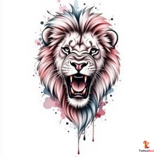 Black-and-grey tattoo of a furious hungry lion with detailed mane.