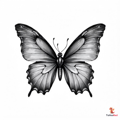 Realistic black-and-grey butterfly tattoo showcasing intricate details.