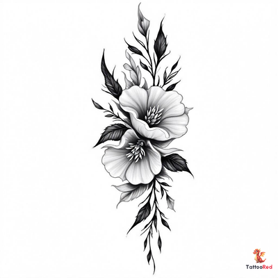 Black-and-grey floral tattoo featuring detailed flowers and leaves.