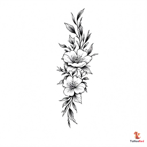 Black-and-grey floral tattoo featuring intricate flowers and leaves.