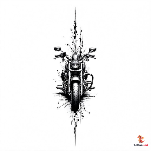 Black-and-grey tattoo of a Harley Davidson motorcycle with dynamic ink splashes.