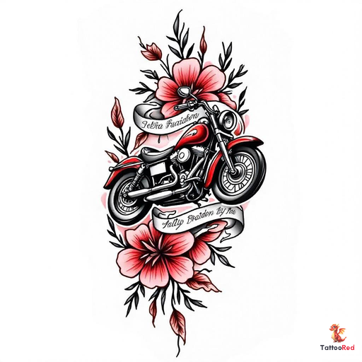 Black-and-grey tattoo of a Harley Davidson motorcycle surrounded by flowers.