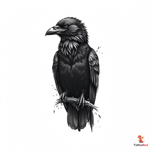 Realistic black-and-grey raven tattoo with detailed feathers perched on a branch.