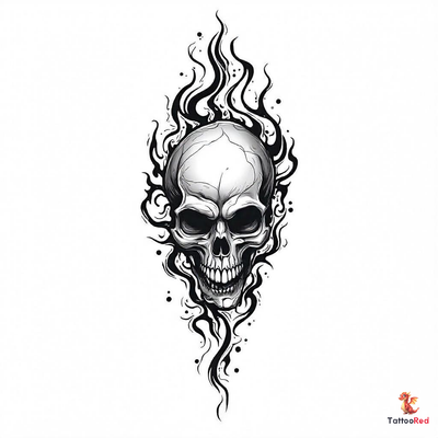 Detailed skull tattoo with intricate shapes in black and grey