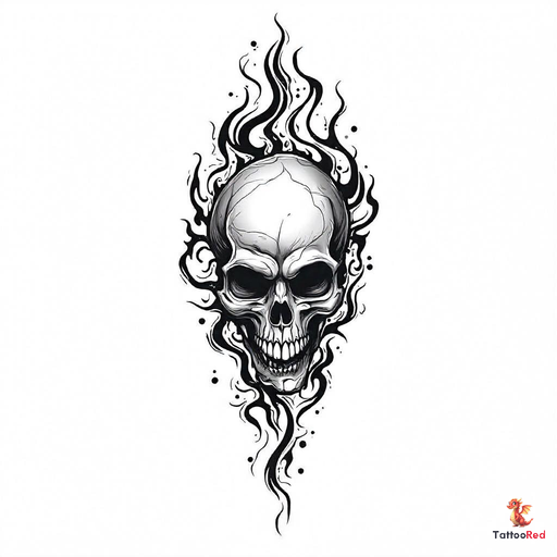 Detailed skull tattoo with intricate shapes in black and grey