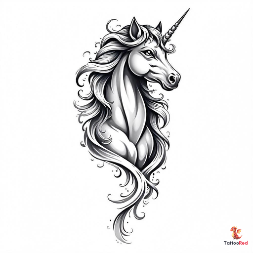 Realistic black-and-grey unicorn tattoo with intricate details and flowing mane.