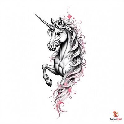 Realistic black-and-grey unicorn tattoo with flowing mane and intricate details.