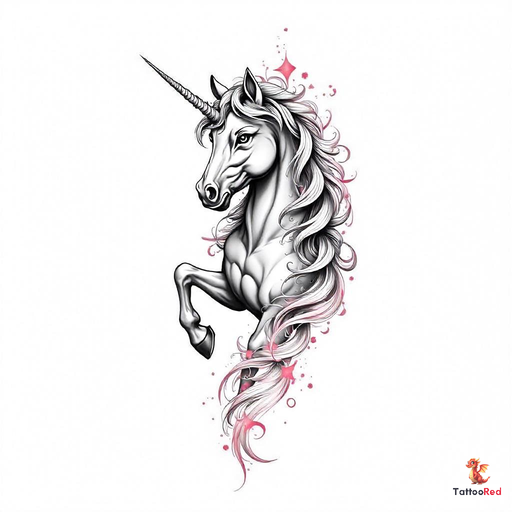 Realistic black-and-grey unicorn tattoo with flowing mane and intricate details.