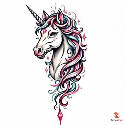 Realistic black-and-grey unicorn tattoo with flowing mane and detailed features.