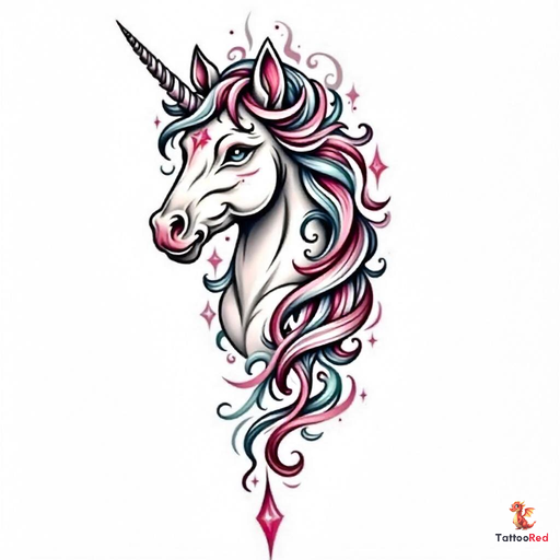 Realistic black-and-grey unicorn tattoo with flowing mane and detailed features.