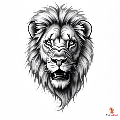 Intricate black-and-grey lion tattoo showcasing detailed features and mane.
