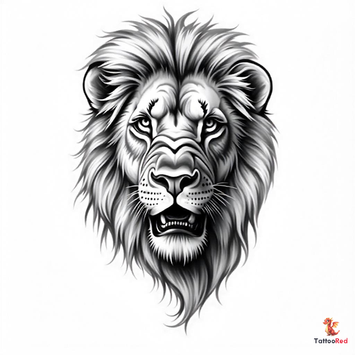 Intricate black-and-grey lion tattoo showcasing detailed features and mane.