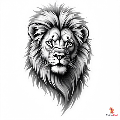 Intricate black-and-grey lion tattoo showcasing strength and power.