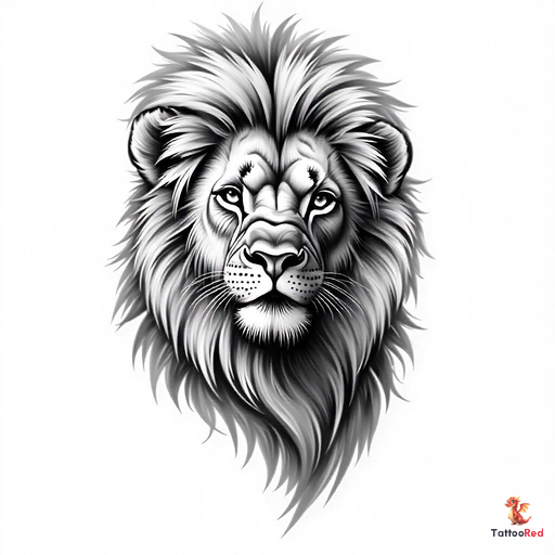 Intricate black-and-grey lion tattoo showcasing strength and power.