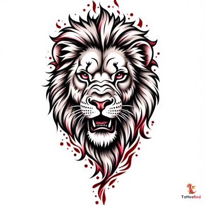 Black-and-grey lion tattoo showcasing detailed facial features and mane