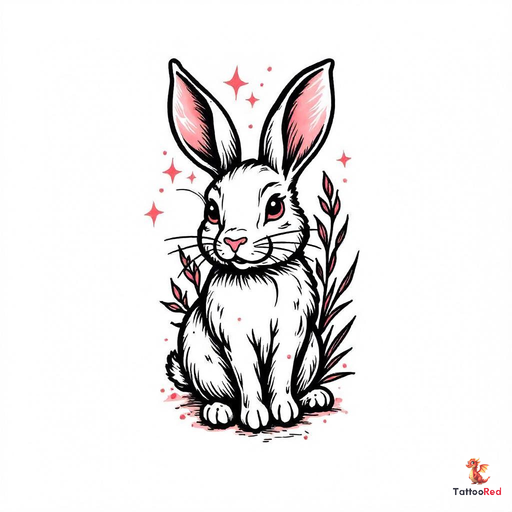 Detailed black-and-grey tattoo of a beautiful rabbit with floral elements.