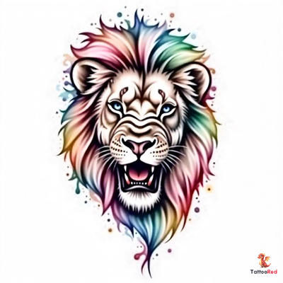 A vibrant watercolor lion tattoo showcasing flowing brush strokes.
