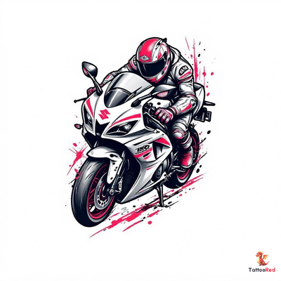 Colorful tattoo of a Suzuki R6 motorcycle with a rider in racing gear.