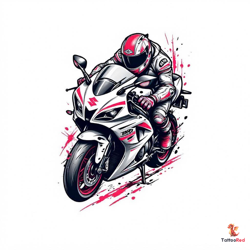 Colorful tattoo of a Suzuki R6 motorcycle with a rider in racing gear.