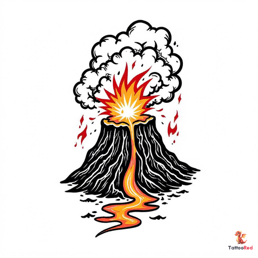 Vintage volcano tattoo with bold outlines and vibrant colors depicting flames and smoke.
