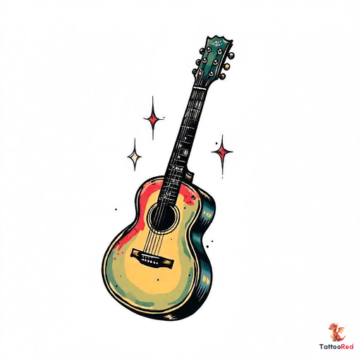 Vintage guitar tattoo design with vibrant colors and starbursts.