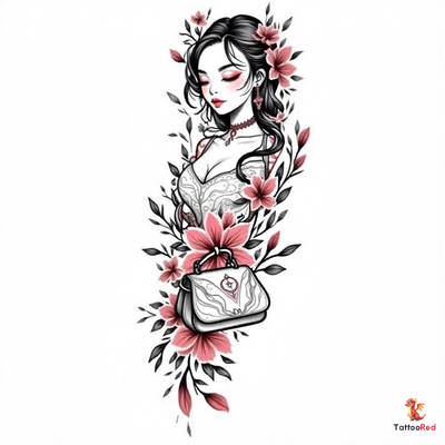 Traditional tattoo of a beautiful woman holding a handbag surrounded by flowers.
