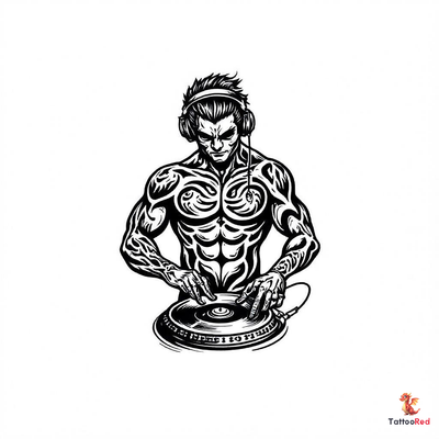 Tribal tattoo of a DJ scratching on turntables with muscular features.