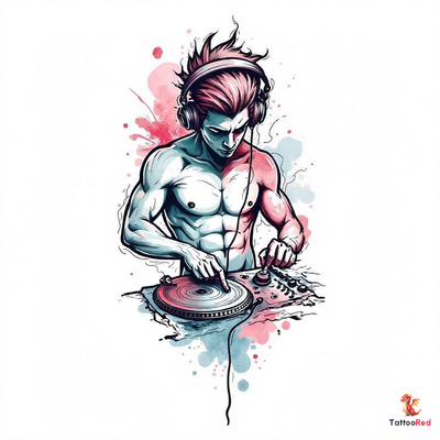 Colorful watercolor tattoo of a DJ scratching vinyl records.