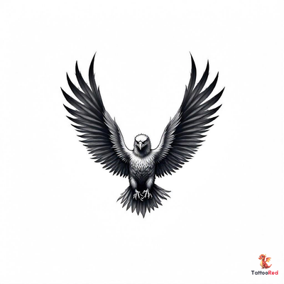 Photorealistic tattoo of a fierce eagle soaring with wings spread wide, showcasing intricate feather details.