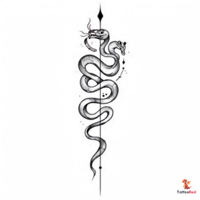 Geometric tattoo design of a hungry snake, featuring sharp lines and intricate details.