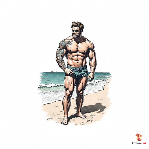 Vintage tattoo of a muscular man standing on the beach.