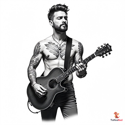 Tattoo of a muscular man playing guitar, showcasing intricate details and tattoos.