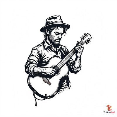 Neo-traditional tattoo design featuring a man playing a guitar.