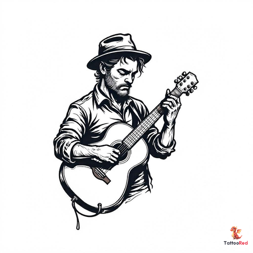 Neo-traditional tattoo design featuring a man playing a guitar.