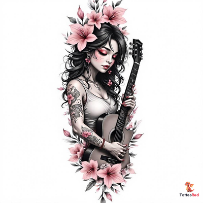 Realistic tattoo of a woman holding a guitar surrounded by flowers.