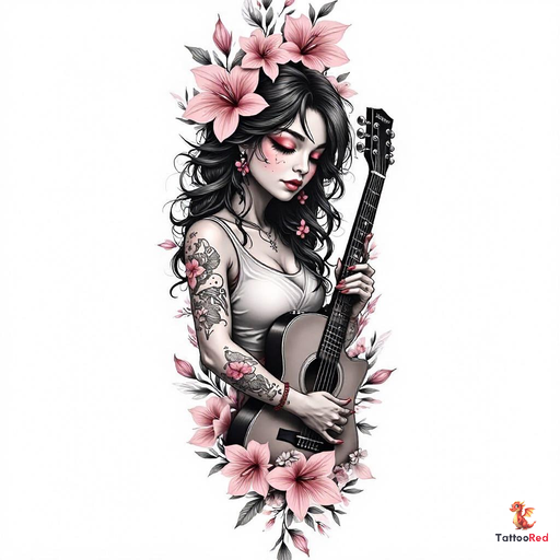 Realistic tattoo of a woman holding a guitar surrounded by flowers.
