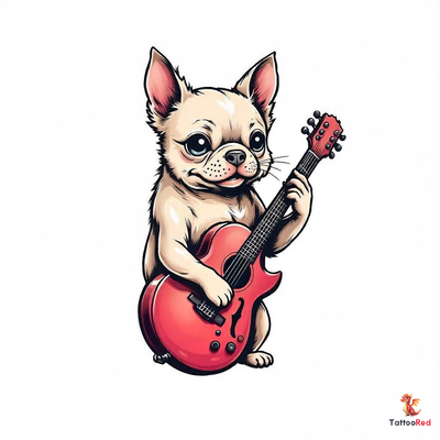 Realistic tattoo of a cute dog holding a red guitar.