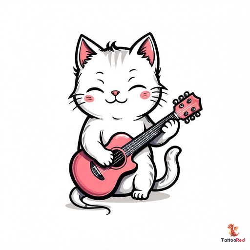 Cute tattoo of a white cat playing a pink guitar, showcasing joy and creativity.