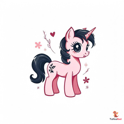 A cute pink pony tattoo with a unicorn horn surrounded by flowers and hearts.