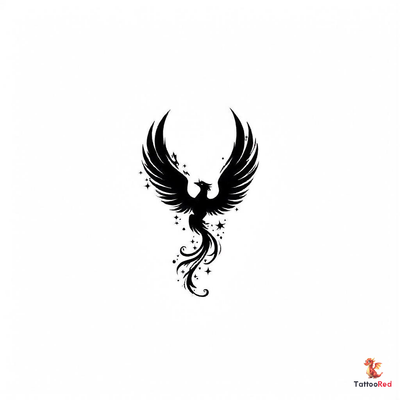 Phoenix rising tattoo design with intricate details and black ink.