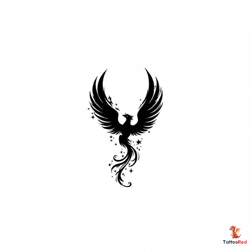 Phoenix rising tattoo design with intricate details and black ink.