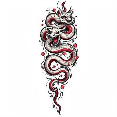 Traditional tattoo of a hungry snake coiling with vibrant colors and bold lines, showcasing fierce expression and details.