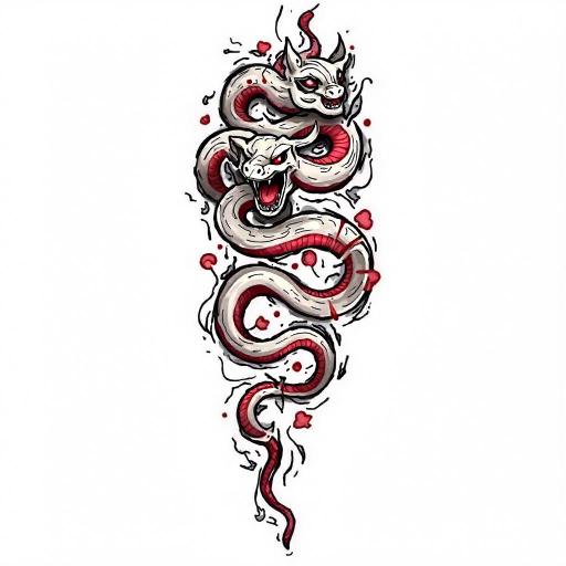 Traditional tattoo of a hungry snake coiling with vibrant colors and bold lines, showcasing fierce expression and details.