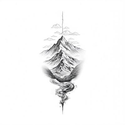 Photorealistic mountain range tattoo showcasing detailed peaks and valleys, capturing natural beauty.