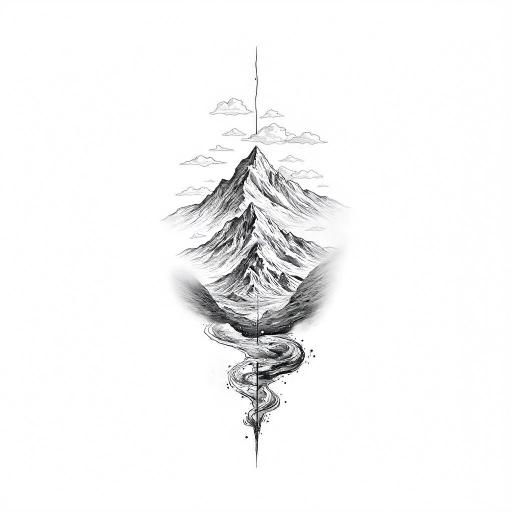 Photorealistic mountain range tattoo showcasing detailed peaks and valleys, capturing natural beauty.