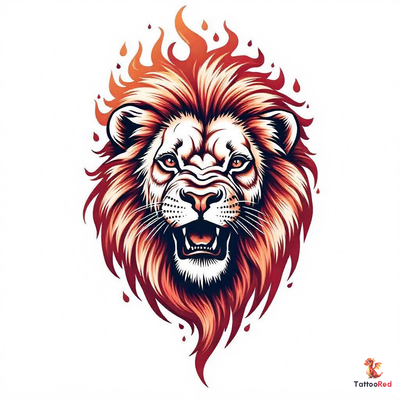 Roaring lion tattoo design with red and orange flames around its head.
